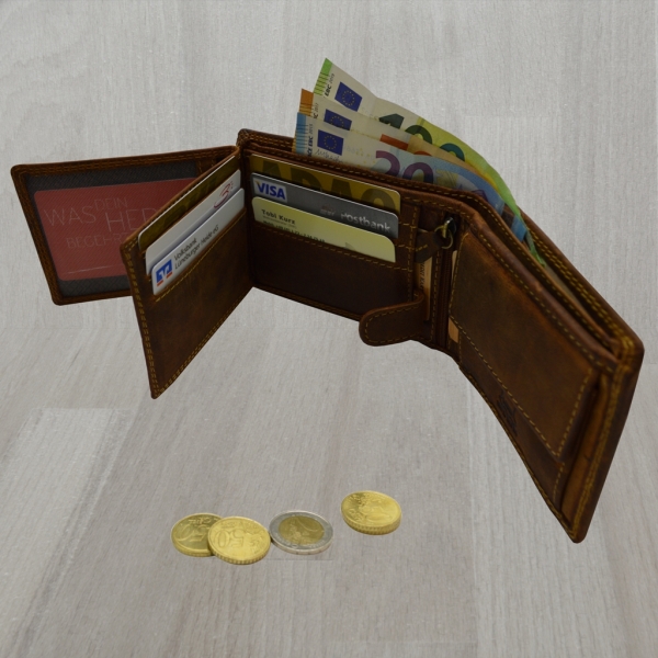 flevado Jäger Geldbeutel mit RFID Schutz Leder Geldbörse Portemonnaie mit Hirsch Druck Querformat mit RFID Schutz
